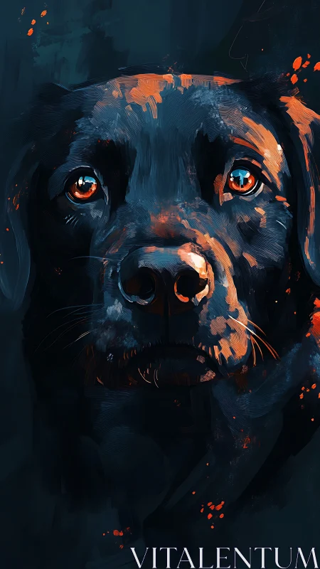Digital portrait of black dog with orange reflective highlights.
