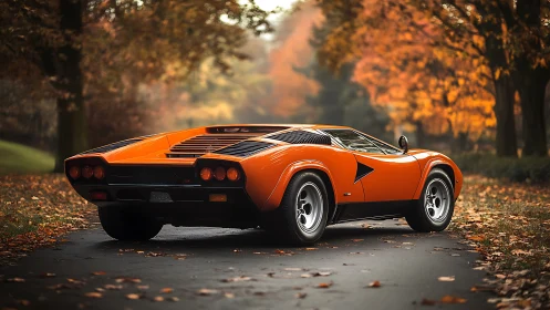 Vintage orange supercar contrasts with soft autumn woodland bokeh