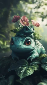 Two stylized blue frogs sit on leaves with flowers above