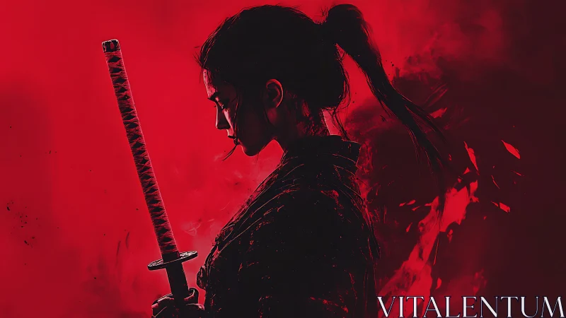Silhouetted swordswoman holds katana against saturated red field