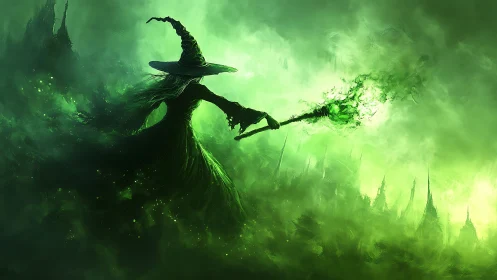 Emerald sorceress silhouette casting green spectral magic storm