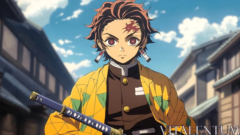 Sword-bearing anime hero in patterned haori on city street.