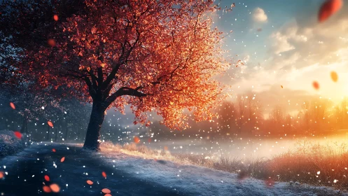 Red tree stands by riverbank path under drifting petals