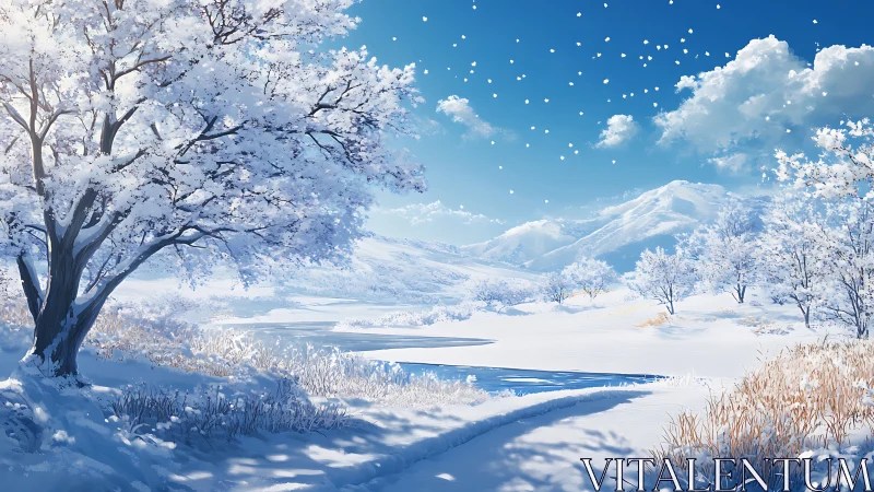 Snow laden riverbank landscape with distant winter mountains