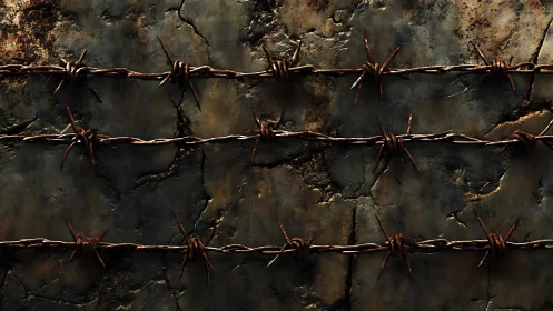 Rusted barbed wire is aligned horizontally on corroded wall