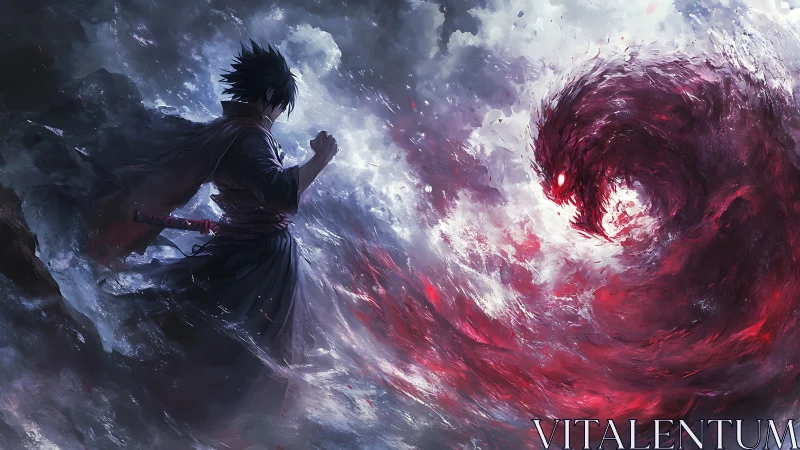 Swordsman confronts vortex demon amid turbulent chromatic storm