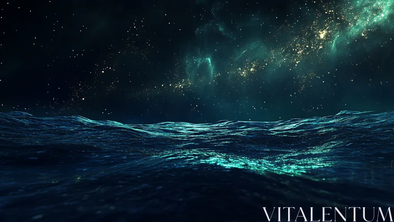 Digital painting seascape with galactic night sky horizon line.