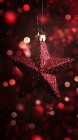 Red glitter star ornament hangs against blurred red lights
