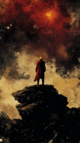 Stargazer in crimson coat poised beneath a burning nebula.