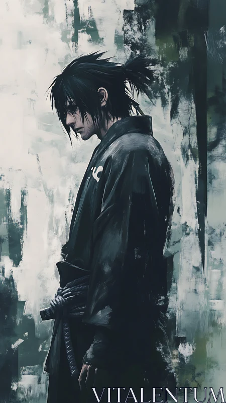 Solitary ronin drifts through a storm of muted brushstrokes