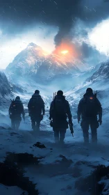 Military patrol advancing toward erupting glacial volcano.