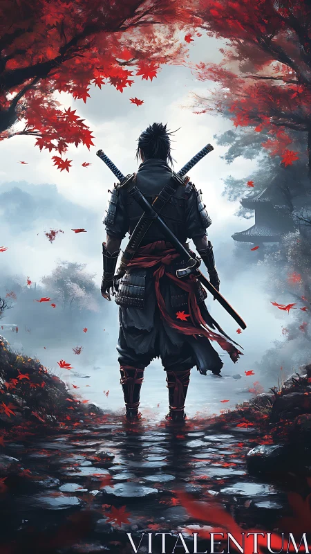 Samurai warrior in misty maple forest stream at dawn.