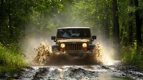 Off-road Jeep surges through sunlit forest mud run