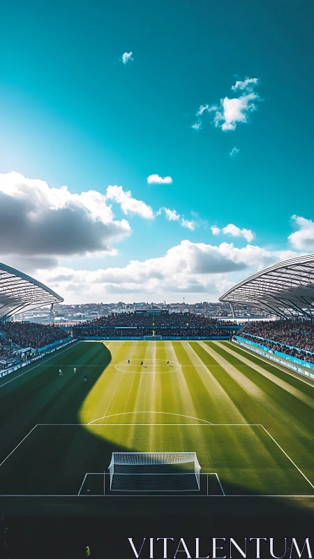Sunlit football stadium under expansive turquoise sky.