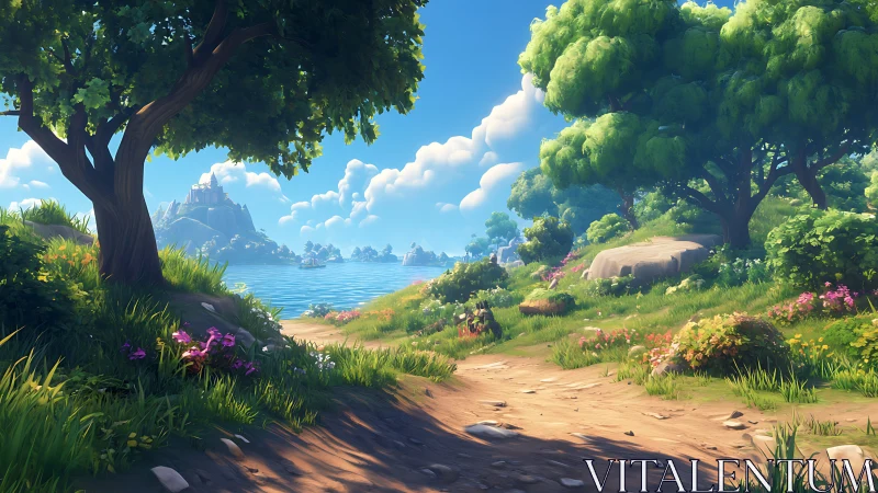 Verdant Coastal Sanctuary with Distant Castle Vista.
