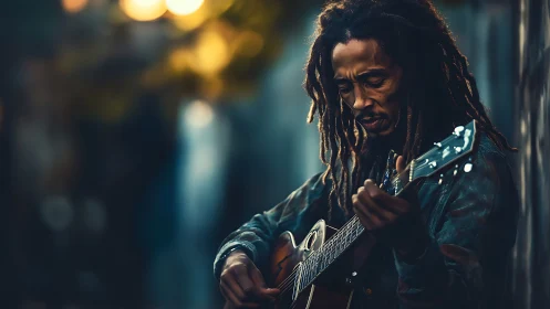 Man with guitar in shallow depth of field street setting.