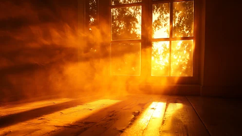 Sunlit interior floor with dust in warm backlit beams.