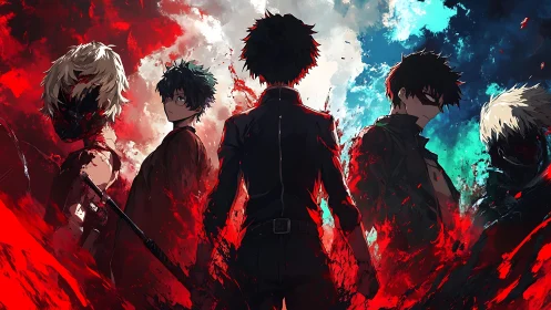 Brooding anime heroes rising from swirling red chaos.