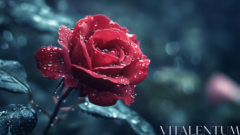 Rain-Kissed Crimson Rose: Macro Study with Bokeh Depth.