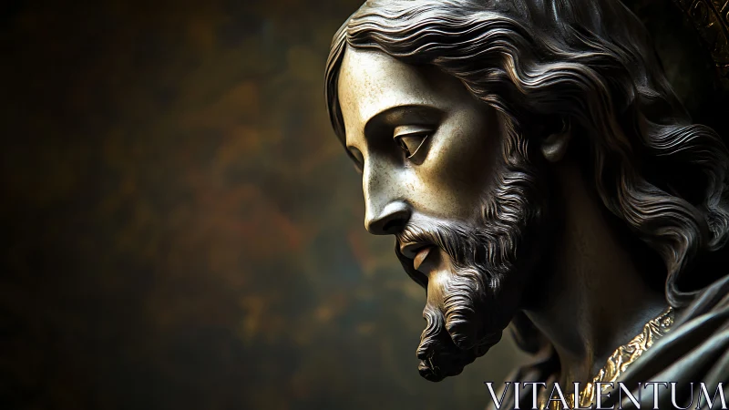 Bronze devotional bust in contemplative side profile.