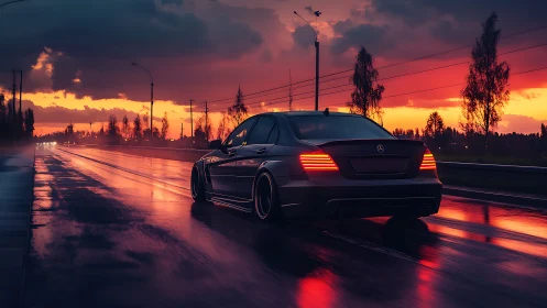 Sedan on wet highway at sunset under dense cloud cover.