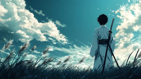 Solitary swordsman silhouetted in teal sky grassland.