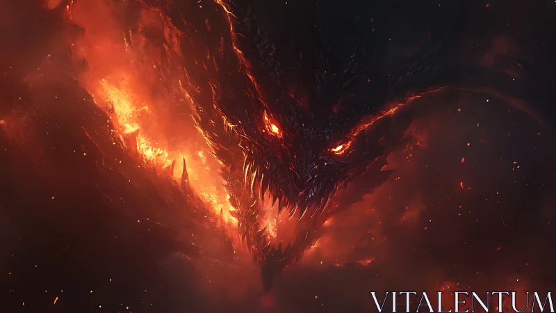 Concept art infernal dragon head in volcanic chiaroscuro focus.