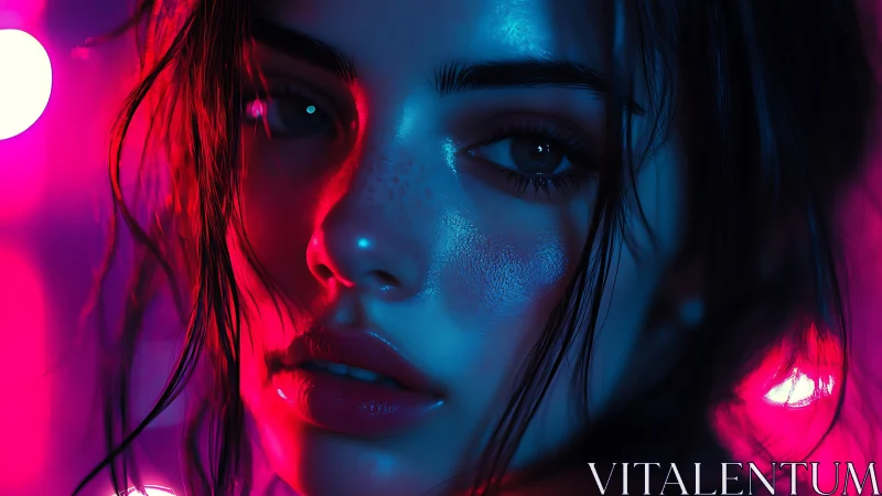 Neon-bathed cybernetic portrait under high chroma bicolor lighting.