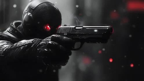 Cyborg marksman with handgun in low key urban setting.