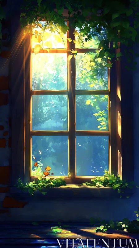 Sunlit window with vines and forest view in soft light.