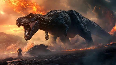 Volcanic titan rex roars above a lone shadowed warrior.
