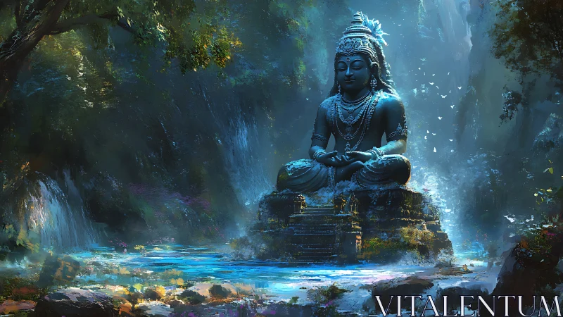 Peaceful stone deity resting in a glowing forest sanctuary.