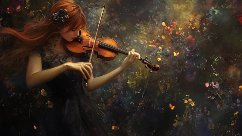 Violin sorceress summons glowing butterflies in wild twilight.