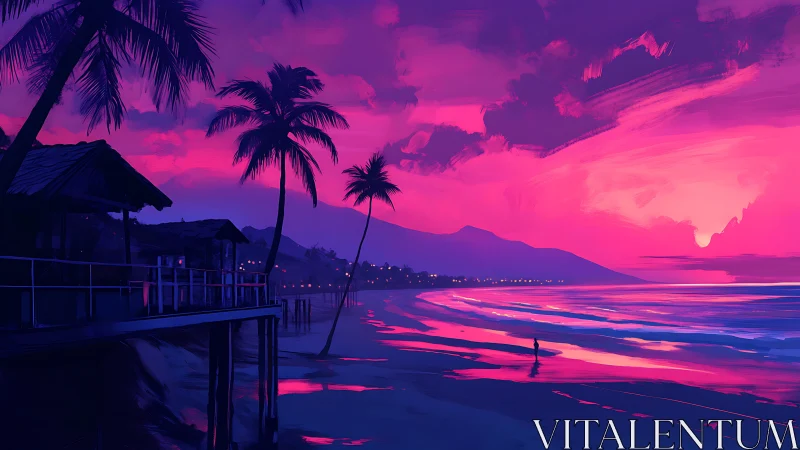 Neon tide hush under magenta palmshadow skies at dusk.