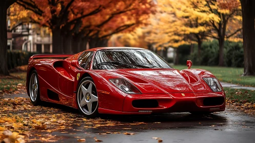 Sleek red supercar glowing warmly on a golden autumn road.