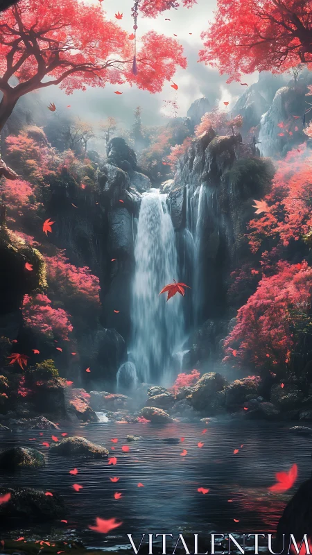 Red forest waterfall framed by bright autumn foliage.