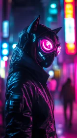 Neon alley cat vigilante stalks through electric midnight haze.