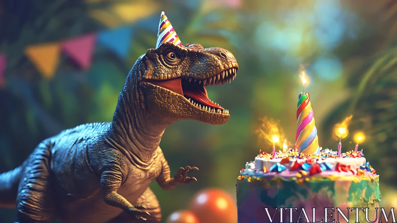 Dinosaur with striped party hat stands beside decorated birthday cake