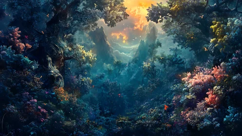 Enchanted Forest Canyon With Golden Sky