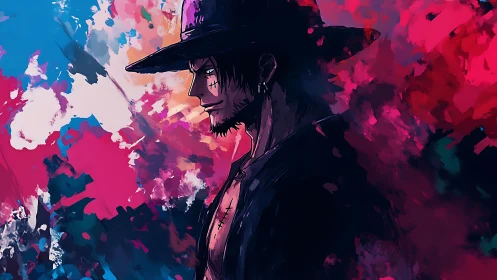 Brooding wanderer in a storm of bold electric colors.