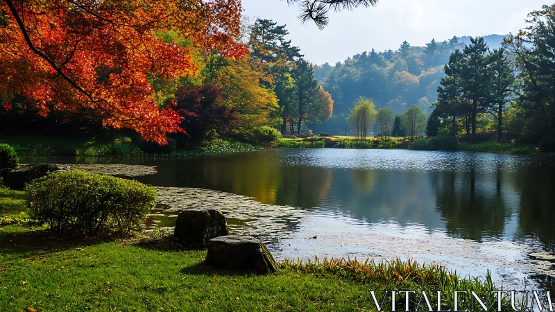Calm forest lake framed by red autumn foliage and pines.