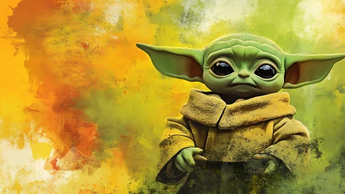 Green alien child in robe on vivid yellow abstract background.