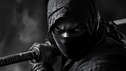 Intense masked ninja warrior gripping katana in shadows.
