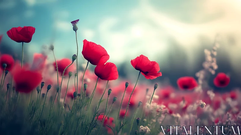 Red Poppies in Hazy Meadow with Selective Focus Depth