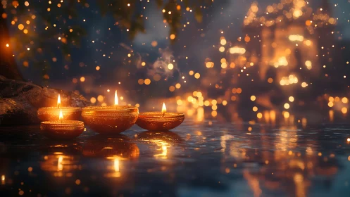 Gentle floating candles glow warmly across a shimmering night