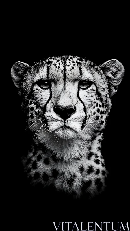 Monochrome frontal cheetah portrait isolates facial features