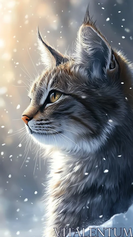 Lynx profile in swirling snow, golden winter backlight.