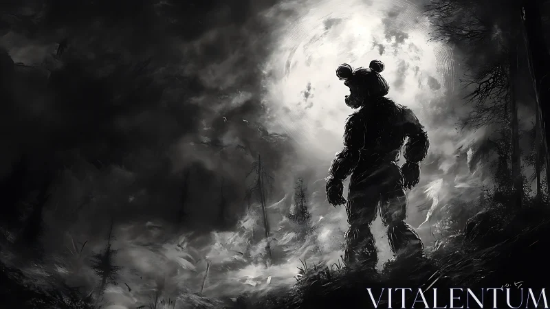 Moonlit bear creature pauses in a misty, haunted forest