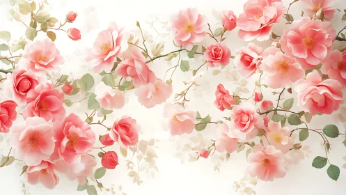 Rendered botanical composition depicting pink flora arranged against neutral background