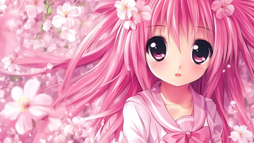 Soft pink haired anime girl gazes gently through cherry blossoms